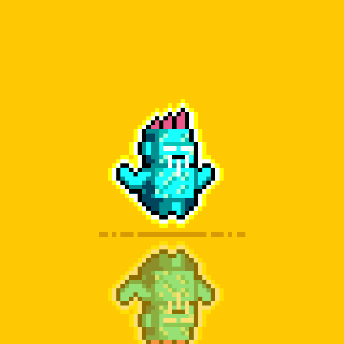 A pixel art character with a teal body and pink ears appears above its reflection, both set against a solid yellow background, visually symbolizing the "ZecBit Points" reward system mentioned in the post.