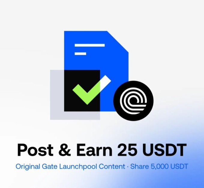 A promotional graphic for Gate Launchpool features a blue document icon paired with a black circle displaying the "@" symbol and a green checkmark, alongside text highlighting "Post & Earn 25 USDT" for sharing original Launchpool content from a 5,000 USDT prize pool. The image visually reinforces the campaign's call-to-action, encouraging users to participate in the Gate × Ondo Dual Campaign and stake USDT to earn rewards from the $150K+ $BLKHION pool.