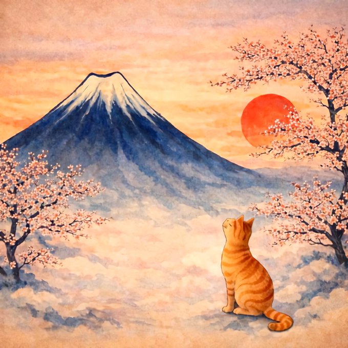 The image is a beautiful watercolor painting showing an orange tabby cat sitting in the clouds, gazing toward Mount Fuji as the setting (or rising) sun glows red behind it, framed by cherry blossom branches. 

This artwork directly illustrates the post's description of "a quiet cat gazes toward Mount Fuji beneath drifting cherry blossoms" — the first open edition by the artist on objkt.com.