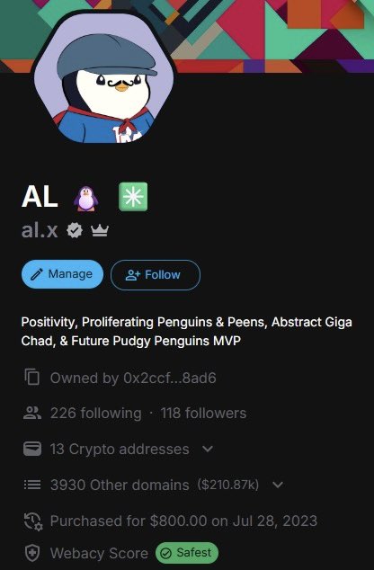 A social media profile screenshot for the username 'al.x' featuring a penguin avatar, a bio reading 'Positivity, Proliferating Penguins & Peens, Abstract Giga Chad, & Future Pudgy Penguins MVP,' with stats showing 226 following, 118 followers, and a purchase price of $800.00 on Jul 28, 2023.