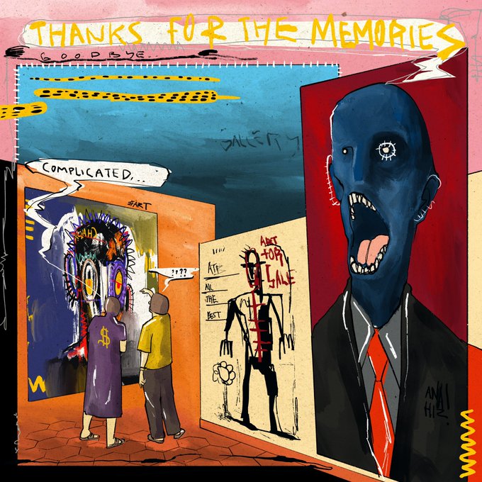 An illustrated art gallery scene featuring paintings and figures, with a large blue screaming face on the right and text reading 'THANKS FOR THE MEMORIES', 'COMPLICATED...', and 'ART FOR SALE'.
