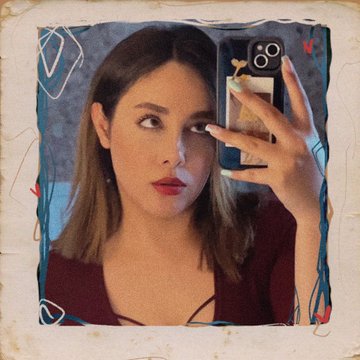 A vintage-style selfie of a woman with dark hair and red lipstick taking a mirror photo with her smartphone, framed by a worn Polaroid border.