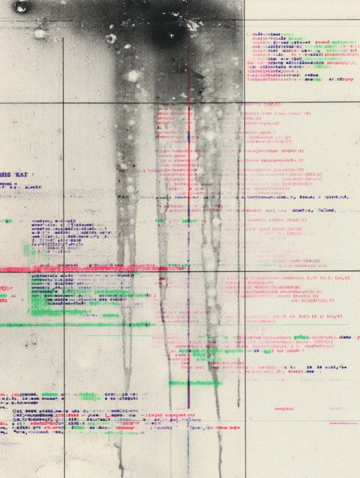 Glitch art piece showing what appears to be faded/blurred legs overlaid with colorful computer code and terminal text in a vintage monitor aesthetic.