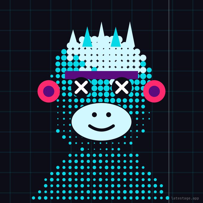 A pixel-art style illustration of a cute character or monkey made of cyan dots on a dark grid background, featuring X-shaped eyes, pink cheeks, and a white crown with blue spikes.