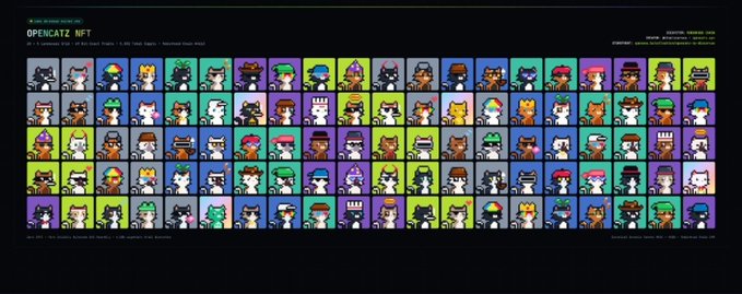A grid display of "OPENCATZ NFT" featuring rows of pixel-art cat characters in various colors and accessories on dark backgrounds, with text indicating 5,000 on-chain SVG pixel cats with randomly assigned traits, scheduled to mint on Robinhood Chain.