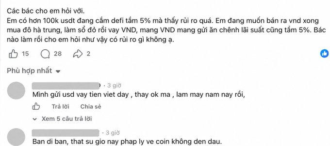 A Vietnamese social media post asking for help regarding USDT deposits and VND loans, with comments discussing the practice.