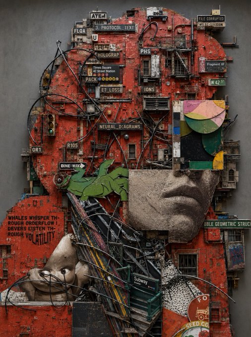 A detailed mixed-media collage portrait of a man's face constructed from urban textures, text fragments like "WHALES WHISPER," a green frog figure, and various street signs.