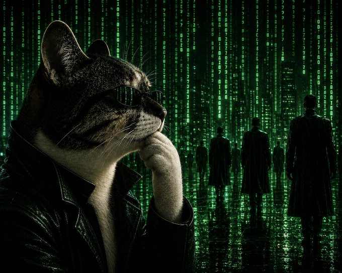 A creative digital artwork featuring a cat wearing sunglasses and a leather jacket, posed in front of a green matrix-style digital rain background with silhouettes of figures in trench coats, reminiscent of The Matrix.