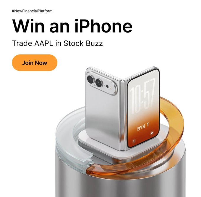 An advertisement displays a silver foldable smartphone with the text '#NewFinancialPlatform', 'Win an iPhone', 'Trade AAPL in Stock Buzz', a 'Join Now' button, and 'BYBIT' on the phone screen.