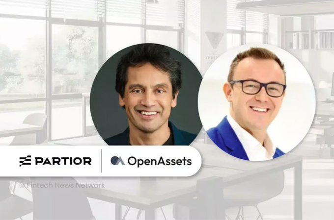 The image features headshots of two men, with logos for "PARTIOR" and "OpenAssets" displayed below, indicating a partnership between the two fintech companies to modernize settlement infrastructure.

This visual supports the post's message about a Proof of Concept (PoC) demonstrating atomic Delivery-versus-Payment (DvP) settlement across digital assets, regulated stablecoins, and tokenized deposits between OpenAssets and Partior.