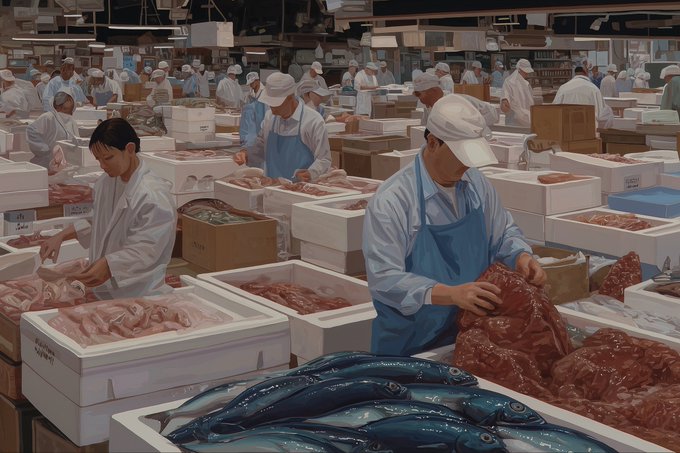 An illustrated scene of a busy fish market with workers in white coats, blue aprons, and caps handling red fish in white styrofoam boxes, with whole blue fish displayed in the foreground.