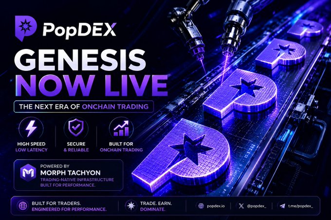 A promotional graphic for 'PopDEX' advertising 'GENESIS NOW LIVE - THE NEXT ERA OF ONCHAIN TRADING,' powered by Morph Tachyon, featuring high speed, secure, and reliable features with a purple tech-themed design.