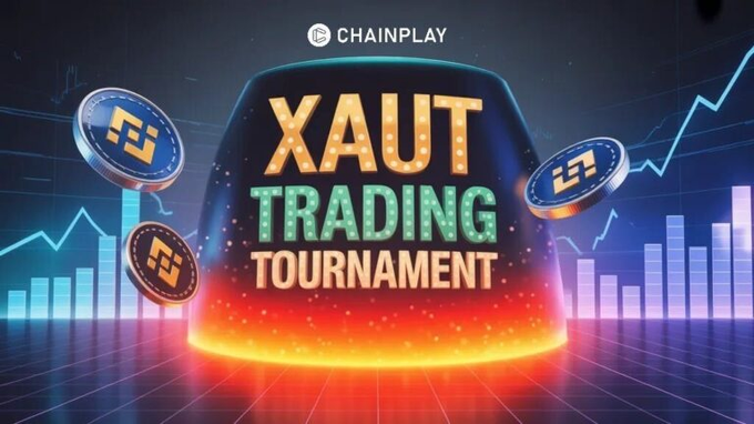 The image shows a poster for an XAUT trading tournament. The title of the poster reads "XAUT Trading Tournament" and it also includes logos for Bitcoin, chainsplay, and bitcoin inside gold circles. The logo displays the XAUT price tag and indicates that there is a limit to participation in time running out.