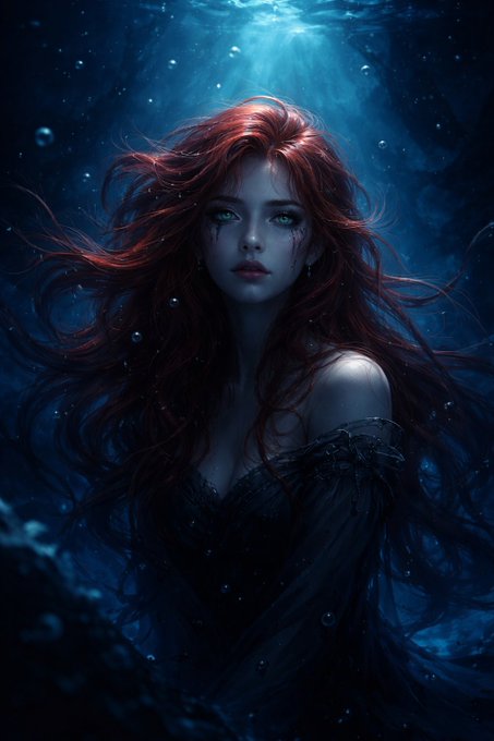 An underwater digital illustration of a pale woman with flowing red hair and dark makeup, surrounded by bubbles and shafts of light filtering through the blue water.