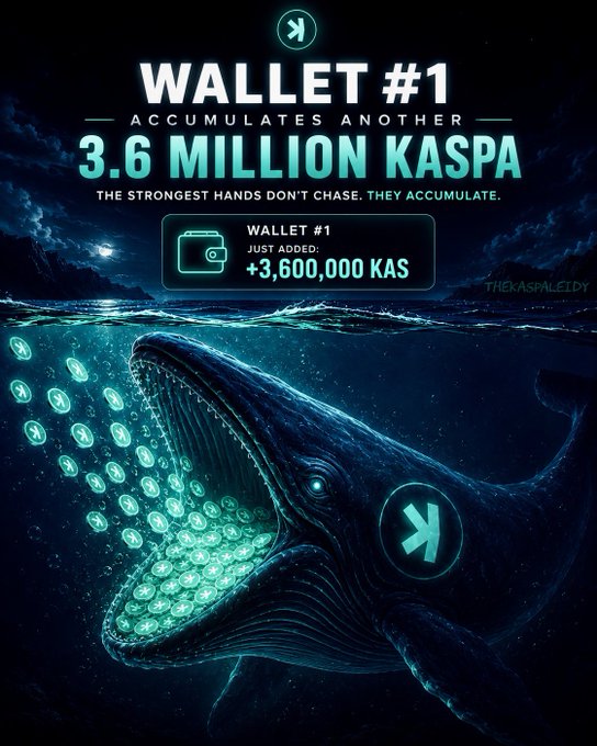 The image features a large blue whale with its mouth open wide, surrounded by green lights that appear to be coins falling into the water below. The whale seems to be feeding on these coins as they fall into the ocean. The scene takes place against a dark background, and there is text in the image that reads "Wallet #1 just added another 3.6 million KAS. While the crowd watches candles, the whale keeps feeding. No headlines. No hype. No announcements. Just relentless accumulation".