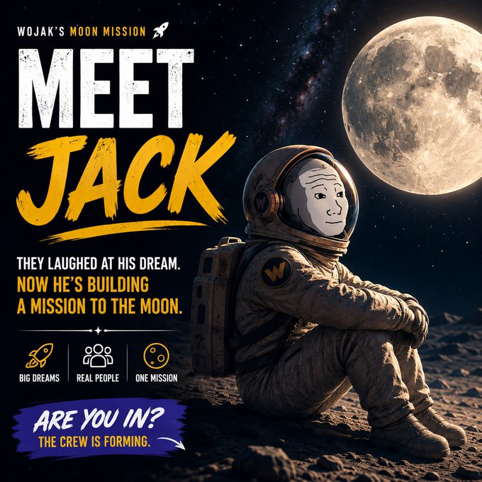 A promotional poster titled "WOJAK'S MOON MISSION" features an astronaut with the Wojak meme face sitting on the moon's surface, with text reading "MEET JACK - THEY LAUGHED AT HIS DREAM. NOW HE'S BUILDING A MISSION TO THE MOON. ARE YOU IN?"