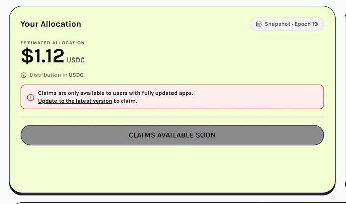 The image shows an airdrop allocation page from Grass displaying an estimated allocation of **$1.12 USDC** for Epoch 19, but the claim button is disabled with a message stating "Claims are only available to users with fully updated apps." This visually reinforces the post's criticism that Grass, despite its $85M annual revenue, is allegedly scamming users with extremely low airdrop rewards—far below the 170 million tokens (17% of supply) that users expected based on the project's tokenomics.