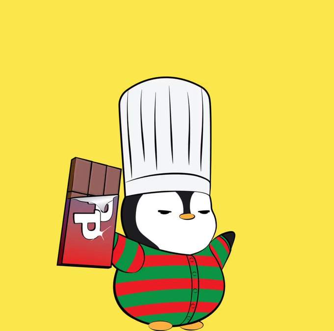 A cartoon penguin wearing a chef's hat and a red-and-green striped outfit, holding a chocolate bar against a yellow background.