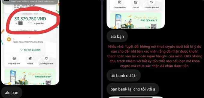 A split-screen showing a banking transaction of 33,379,750 VND on the left and a Telegram chat in Vietnamese on the right where a user warns against losing crypto wallet passwords.