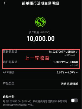 A Binance Simple Earn subscription details screen showing 10,000 USDGO assets with total accumulated revenue of 196.42670077 USDGO and yesterday's revenue of 1.80821904 USDGO.