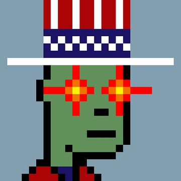 A pixel art portrait of a green-skinned character wearing a tall striped top hat with red and yellow flower-shaped glasses.
