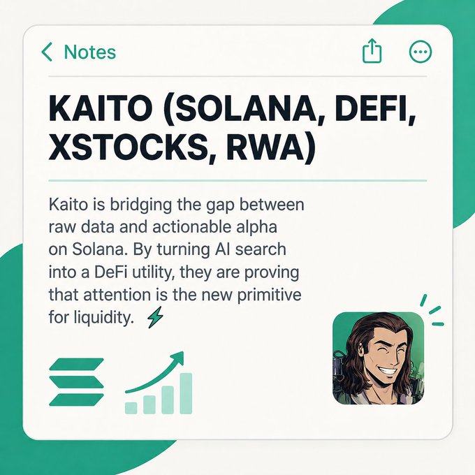 An informational card titled 'KAITO (SOLANA, DEFI, XSTOCKS, RWA)' explaining how Kaito is bridging raw data and actionable alpha on Solana by turning AI search into a DeFi utility.
