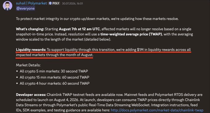Discord announcement from suhail on Polymarket dated 30.07.2026 announcing changes to crypto up/down market resolution using time-weighted average price (TWAP) starting August 7th at 12 am UTC, with $1M in liquidity rewards through August.