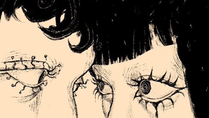 A close-up black and white manga-style illustration showing two faces, one wearing a crown and the other with large, intense eyes shedding a tear.