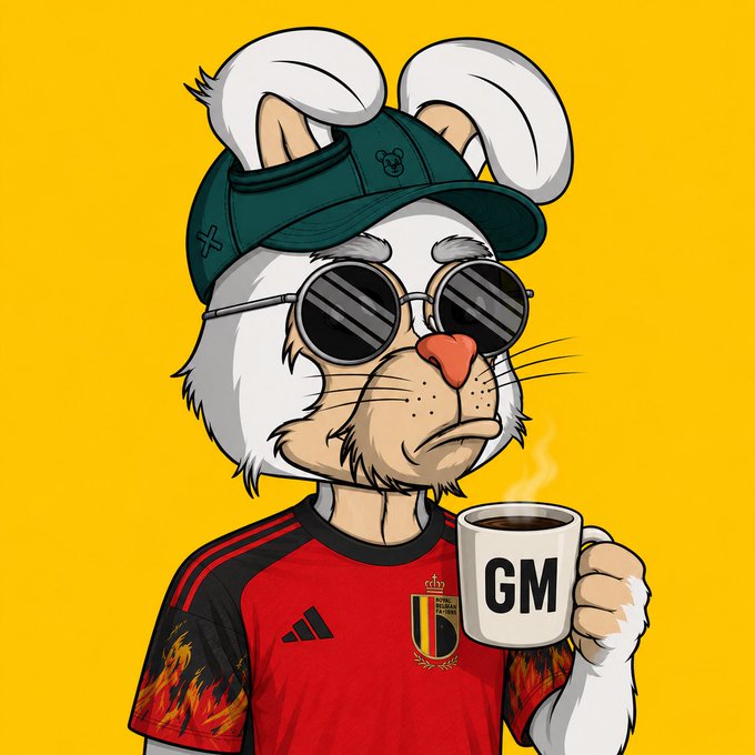 A cartoon rabbit wearing a green cap, round sunglasses, and a red Belgium football jersey sips from a "GM" coffee mug against a yellow background, matching the post's #GM Saturday vibe, the $60.20k BTC "small relief bounce" sentiment, and the shoutout to Belgium's early game win.