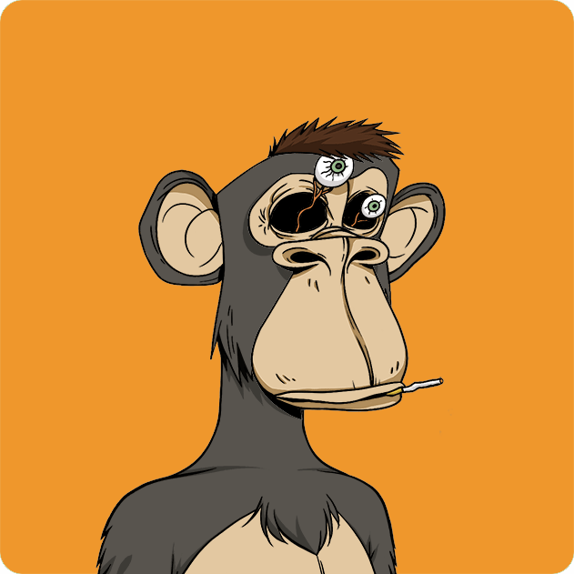 A digital illustration of a Bored Ape-style NFT character with cracked eyes smoking a cigarette against an orange background.