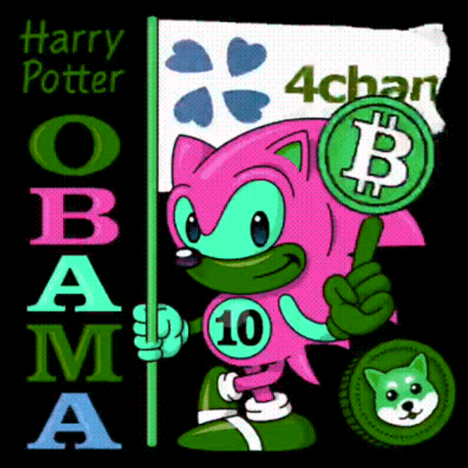 A pink cartoon cat-like character wearing a green '10' shirt holds a '4chan' flag, surrounded by text reading 'Harry Potter OBAMA', a Bitcoin logo, and a Doge coin.