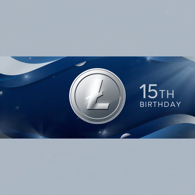 A silver Litecoin (LTC) logo celebrates its 15th birthday on a blue background.