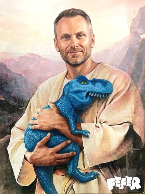 A digital painting depicting a man dressed as Obi-Wan Kenobi holding a blue, textured dinosaur toy, signed with "FIFER" in the bottom right corner.