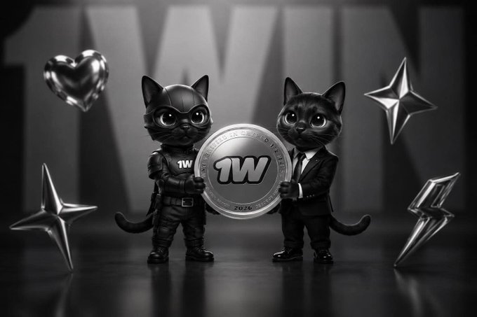 Two 3D-rendered cats in suits stand against a dark background holding a silver '1W' coin, surrounded by metallic heart and star shapes.