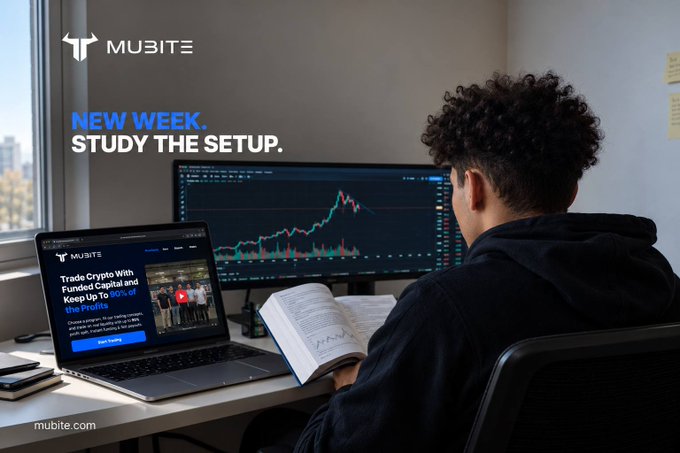 An advertisement for Mubite showing a person from behind studying trading charts on a monitor and laptop displaying 'Trade Crypto With Funded Capital and Keep Up To 90% of the Profits,' with the tagline 'NEW WEEK. STUDY THE SETUP.'