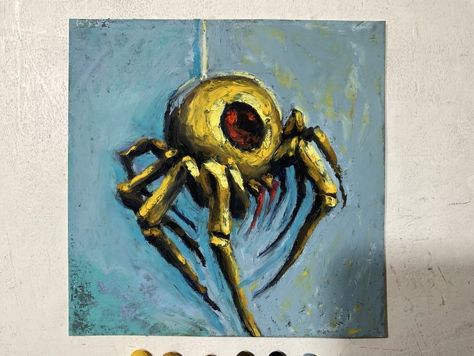 An expressive oil painting on canvas depicting a yellow, multi-legged creature resembling a spider or alien with a single large red eye, set against a textured blue background.