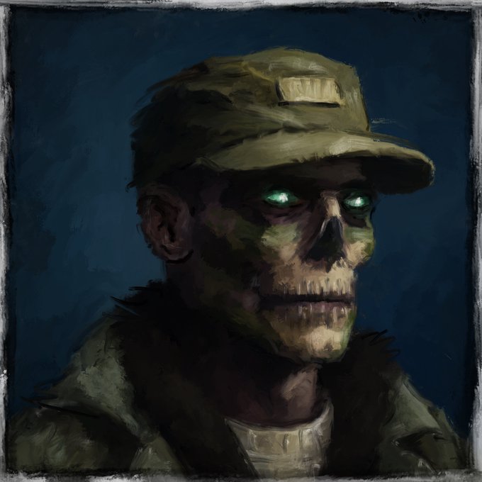 A dark, moody painted portrait of a skeletal figure wearing a green military cap and jacket, with glowing green eyes set against a shadowy blue background.