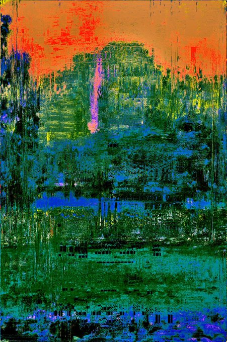An abstract, glitch-art style digital painting featuring vibrant vertical streaks of green, blue, orange, and red colors with a textured, layered appearance.