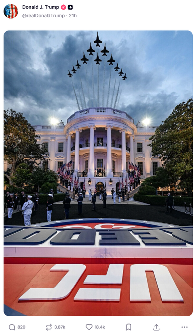 The image is a stylized photo of the White House featuring a jet formation overhead, a UFC event logo, and Hebrew text, posted by @realDonaldTrump 2 hours ago. It relates to the Polymarket dispute over whether "UFC" text counts as a Trump Truth Social post, with the visible Hebrew letters fueling debate over what qualifies.