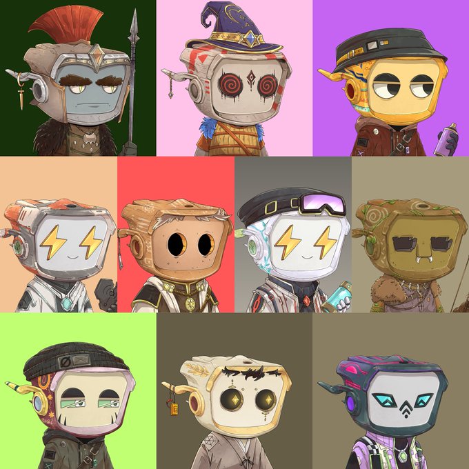 A 3x3 grid showcases nine stylized cartoon robot characters called "Bloky," each with unique designs featuring varied accessories like wizard hats, spears, sunglasses, bandanas, and a headset, set against colorful solid backgrounds. The diverse cast of characters exemplifies the post's message about the "Blokyverse" collection, highlighting the creative variety and affection put into crafting these unique digital citizens.