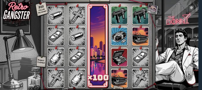 This image shows a slot machine interface for "Retro Gangster," featuring a grid of weapon and item symbols (including guns, knives, bullets, money, cars, and boomboxes) alongside a GTA-style gangster character in a white suit next to "The Donny" branding, with an "x100" multiplier displayed center-screen. The visual directly matches the post's comparison to GTA VI's aesthetic, showcasing the game's noir, gangster-themed design as promoted on Stake.