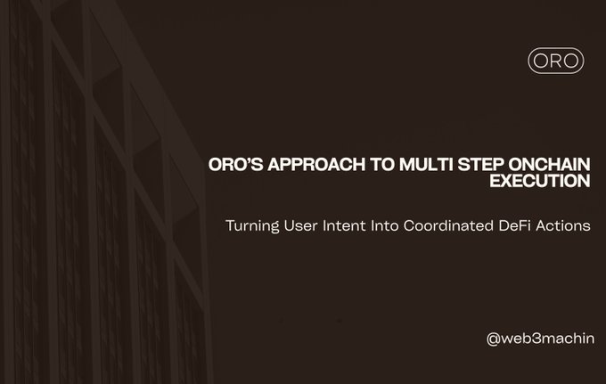 A dark branded graphic with the "ORO" logo presents the title "ORO'S APPROACH TO MULTI STEP ONCHAIN EXECUTION" with the subtitle "Turning User Intent Into Coordinated DeFi Actions," credited to "@web3machin." The image visually introduces the topic by setting up how Oro aims to streamline the fragmented, multi-app DeFi workflow described in the accompanying post.