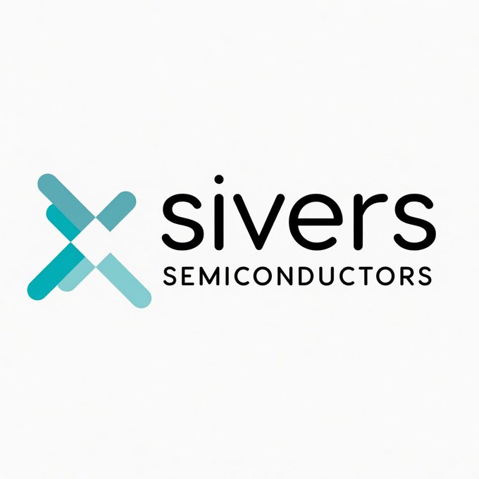 The image features a logo for a company called "Sivers Semiconductors" that specializes in semiconductor manufacturing. The logo consists of a blue x with white lines, which are stylized as arrows pointing towards each other. The company's name is written below the logo in black text.