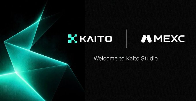 A black banner featuring teal geometric shapes with the logos 'KAITO' and 'MEXC' and the text 'Welcome to Kaito Studio'.