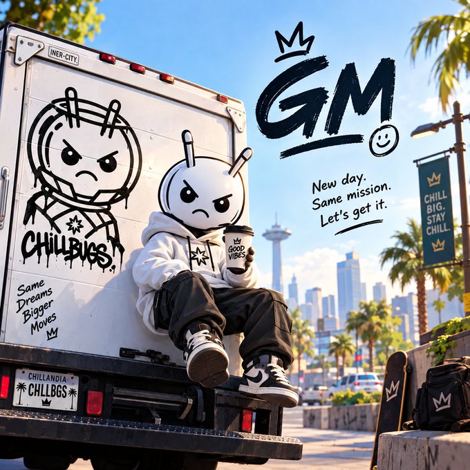 An illustrated urban scene featuring a character with graffiti-style artwork on a truck, holding a coffee cup, with text reading "GM," "New day. Same mission. Let's get it," and "CHILL BIG. STAY CHILL."