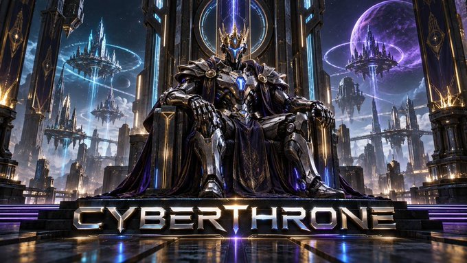 A fantasy digital artwork depicts an armored figure wearing a crown and sitting on a throne, with the word 'CYBERTHRONE' displayed in metallic letters below.