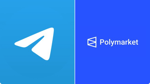 Split image showing the Telegram logo on a blue background alongside the Polymarket logo and name on a darker blue background.