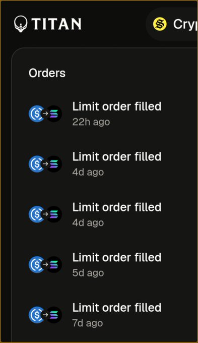 A screenshot of a 'TITAN' crypto exchange app showing multiple 'Limit order filled' entries with timestamps like '22h ago' and '4d ago'.