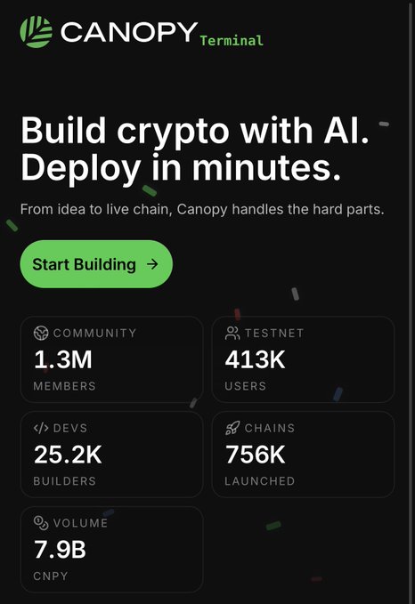 A dark-themed webpage for 'CANOPY Terminal' with the headline 'Build crypto with AI. Deploy in minutes.' and statistics including 1.3M community members, 413K testnet users, 25.2K devs, 756K chains launched, and 7.9B volume in CNPY.