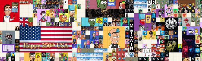A crowded mosaic of pixel-art avatars, memes, and American flags features prominent text reading "Happy 250th USA," "LADYLAND," and "METAWIN," tying into the post by visually showcasing DotLand's status as a permanent, algorithm-free "grid" where a diverse degen community—from cartoon characters to U.S. patriots—has staked a lasting identity.
